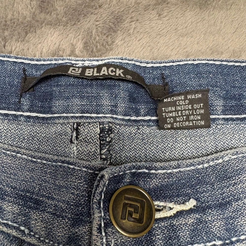 EJ Black‎ Jeans Mens 34 Light Wash Cross Embroidered Distressed Straight Leg Y2K - Picture 8 of 11